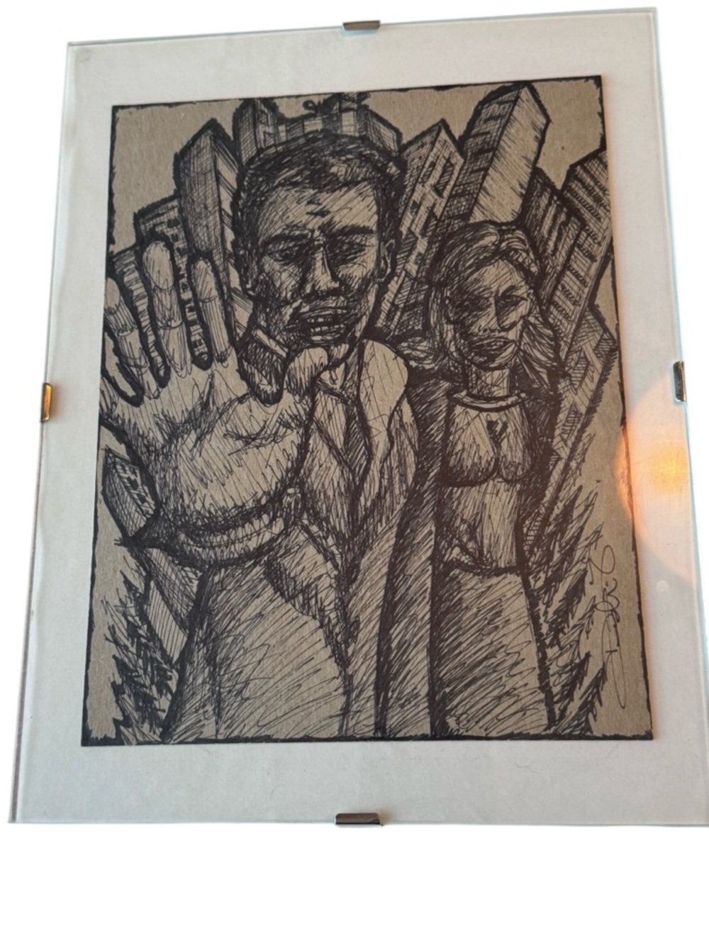 Drawing Pen & Ink City Couple Art Illustration ORIGINAL Sketch Framed “STOP”